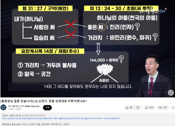 양형주 목사는 신천지와 교주 이만희의 주장에 대해 조목조목 도표를 제시하며 반증했다.  (사진출처 : 유튜브 '바이블백신센터' 캡처)