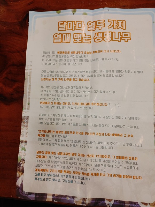 조치원역 뒷편에서 공개전도를 하던 사람들이 나눠준 전단지