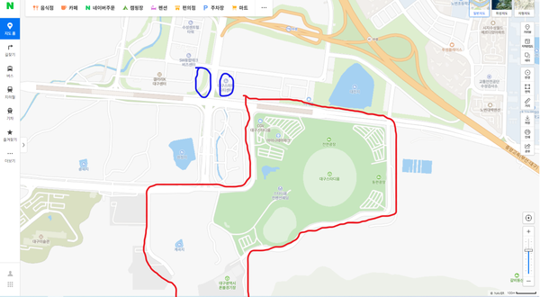 신천지는 작년과 마찬가지로 대구 수성경찰서에 대구스타디움 반경 약 1km 일대(빨간 선 표시)에 집회신고를 했다. 이에 수성경찰서는 반대집회를 개최하는 측에 신천지가 신고한 곳과 떨어진 곳(사진 파란색 원)에서 집회를 하라고 했다. 